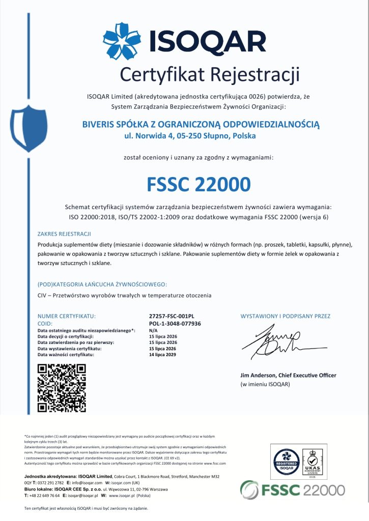 Certyfikat FSSC 22000 – potwierdzenie bezpieczeństwa żywności w produkcji suplementów diety Biveris