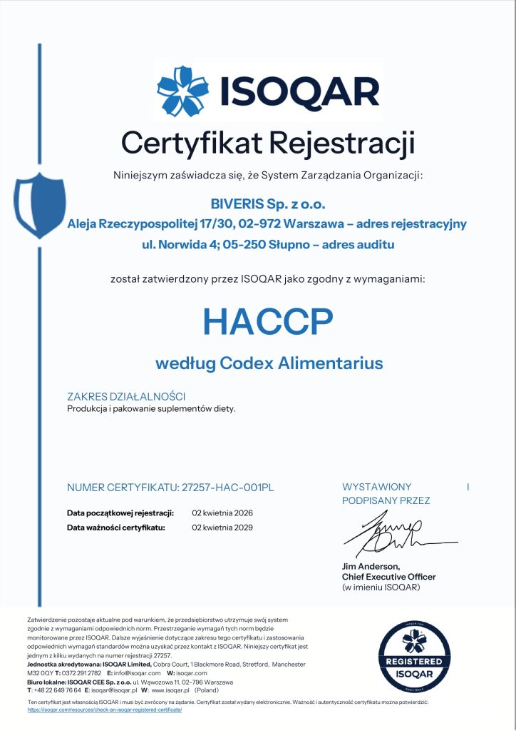 Certyfikat HACCP – system kontroli bezpieczeństwa żywności w zakładzie produkcyjnym Biveris